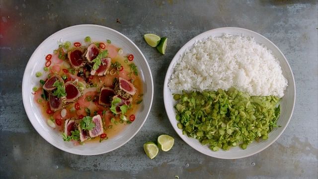 Ricotta Fritters and Asian Tuna With Coconut Rice