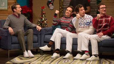 The Lonely Island Wear Holiday Sweaters & White Pants