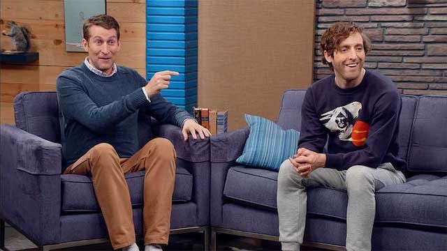 Thomas Middleditch Wears an Enigmatic Sweatshirt and Sweatpants With Pockets